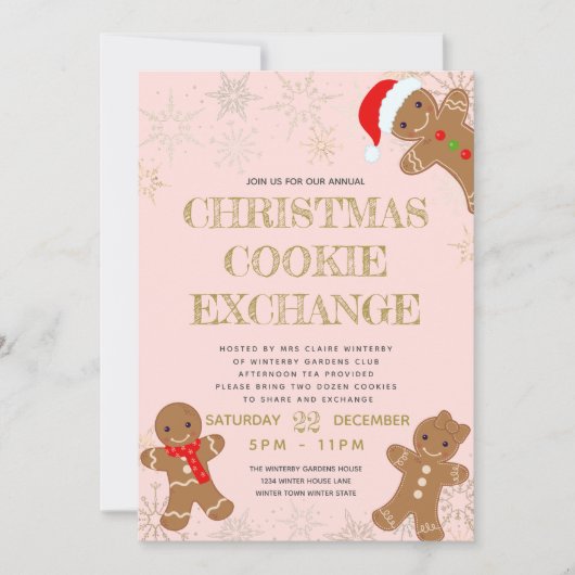 Invitation Échange de biscuits de Noël au pain d'épice rose (Devant)