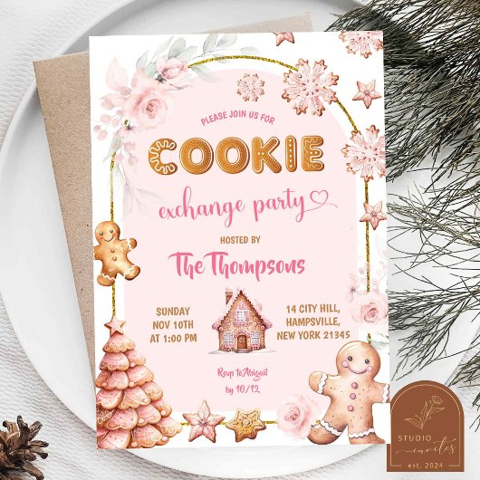 Invitation Échange de biscuits de Noël d'hiver rose Fête