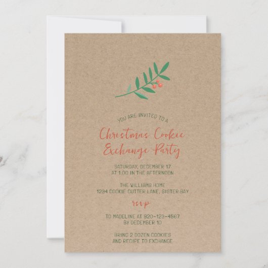 Invitation Échange de biscuits de Noël Holly Kraft Party (Devant)