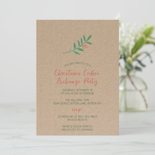 Invitation Échange de biscuits de Noël Holly Kraft Party (Debout devant)