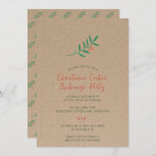 Invitation Échange de biscuits de Noël Kraft Party Holly  (Devant / Derrière)