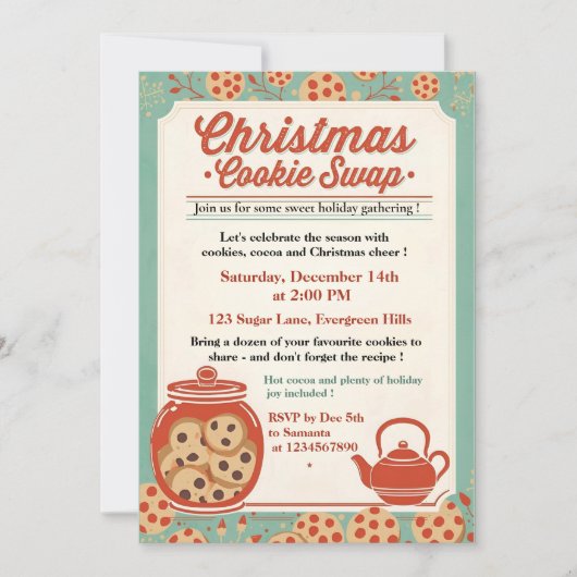 Invitation Échange de biscuits de Noël rétro sarcelle et roug (Devant)