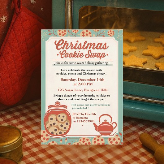 Invitation Échange de biscuits de Noël rétro sarcelle et roug