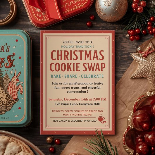 Invitation Échange de biscuits de Noël rétro vintage