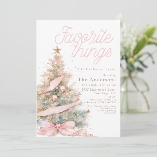 Invitation Échange de cadeaux de choses préférées Noël Rose (Debout devant)