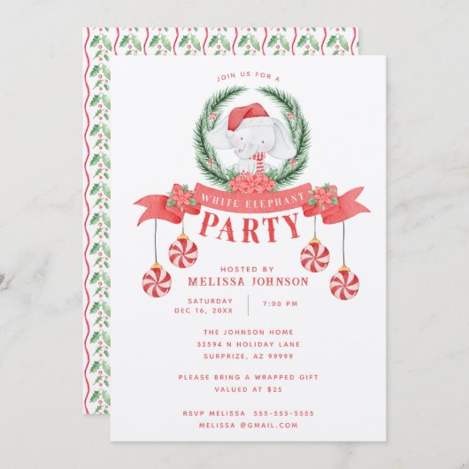 Invitation Échange de cadeaux de Noël à l'éléphant blanc (Devant / Derrière)