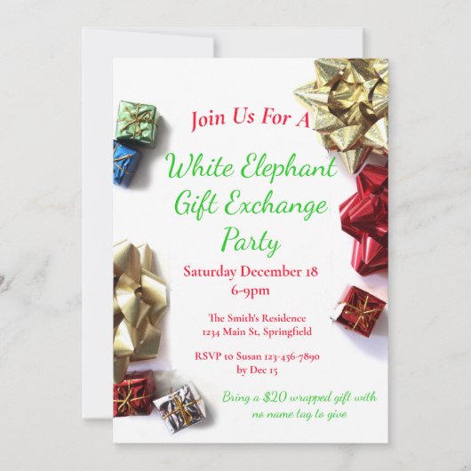 Invitation Échange de cadeaux de Noël Eléphant Blanc (Devant)