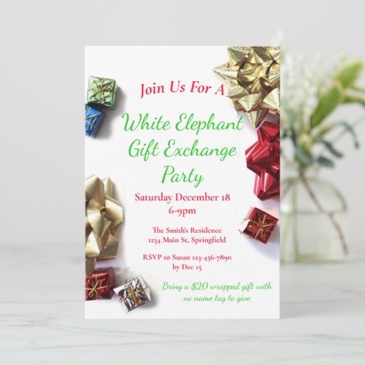 Invitation Échange de cadeaux de Noël Eléphant Blanc (Debout devant)