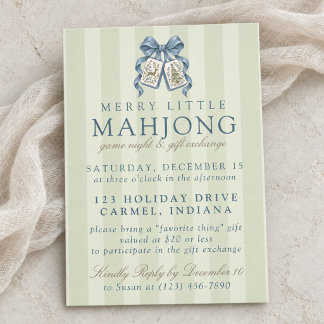 Invitation Échange de cadeaux de Noël Mahjong au ruban bleu