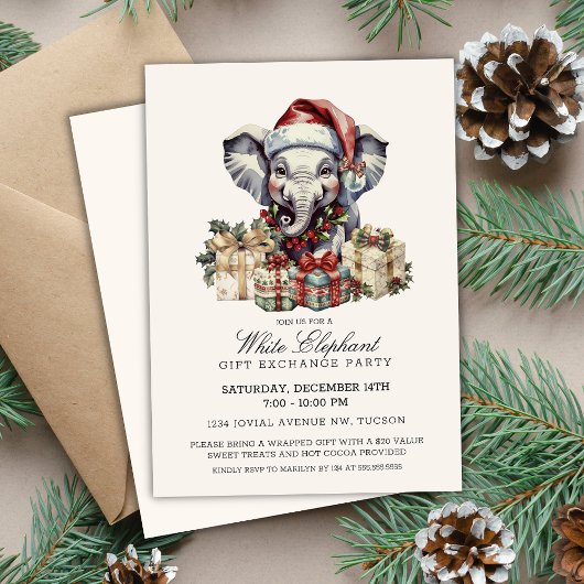 Invitation Échange de cadeaux éléphant blanc à l'aquarelle él