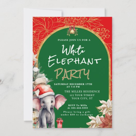 Invitation Échange de cadeaux éléphant blanc or, blanc et ver (Devant)
