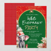 Invitation Échange de cadeaux éléphant blanc or, blanc et ver (Devant / Derrière)