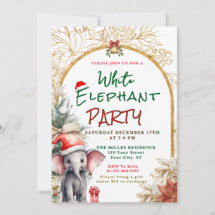 Invitation Échange de cadeaux éléphant blanc or, blanc et ver
