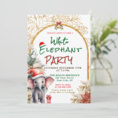 Invitation Échange de cadeaux éléphant blanc or, blanc et ver (Debout devant)
