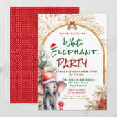 Invitation Échange de cadeaux éléphant blanc or, blanc et ver (Devant / Derrière)