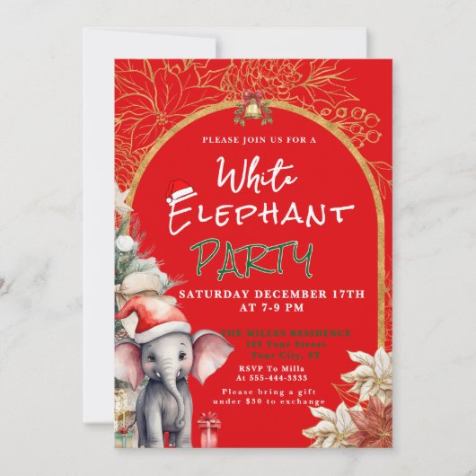Invitation Échange de cadeaux éléphant blanc or, blanc et ver (Devant)