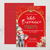 Invitation Échange de cadeaux éléphant blanc or, blanc et ver (Devant / Derrière)