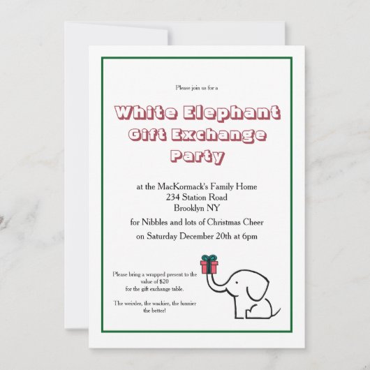Invitation Échange de Cadeaux Éléphant Blanc Soirée de Noël (Devant)