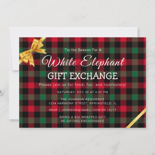Invitation Échange de cadeaux Retro Chrismas Plaid White Elep (Devant)