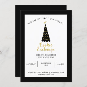 Invitation Échange de cookies Black Gold Christmas Tree