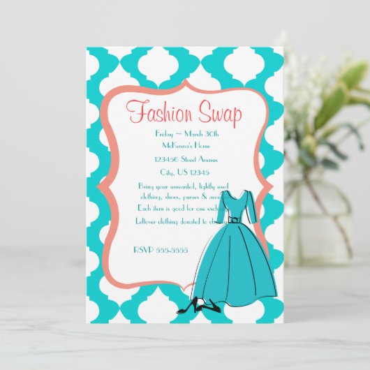 Invitation Échange de mode turquoise et corail (Debout devant)