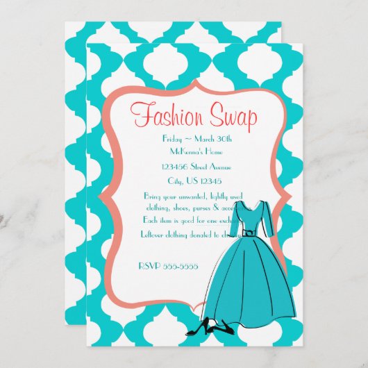 Invitation Échange de mode turquoise et corail (Devant / Derrière)