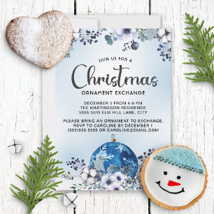 Invitation Échange d'ornement floral de Noël bleu blanc