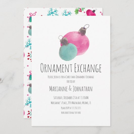Invitation Échange d'ornements de Noël aquarelle (Devant / Derrière)