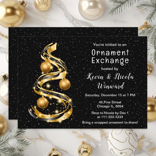 Invitation Échange d'ornements de Noël en or et noir