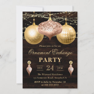 Invitation Échange d'ornements de Noël en or rose et or