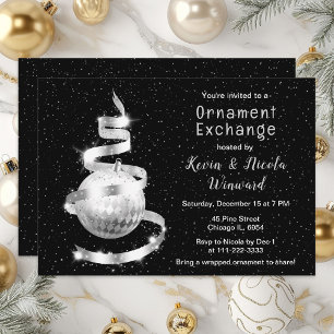 Invitation Échange d'ornements de Noël noir et argent