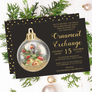 Invitation Échange d'ornements de Noël Oiseau Bulle de houx