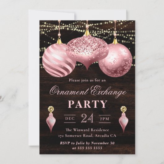 Invitation Échange d'ornements de Noël rose clair élégants (Devant)