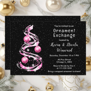 Invitation Échange d'ornements de Noël rose et noir