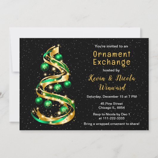 Invitation Échange d'ornements de Noël vert et or (Devant)