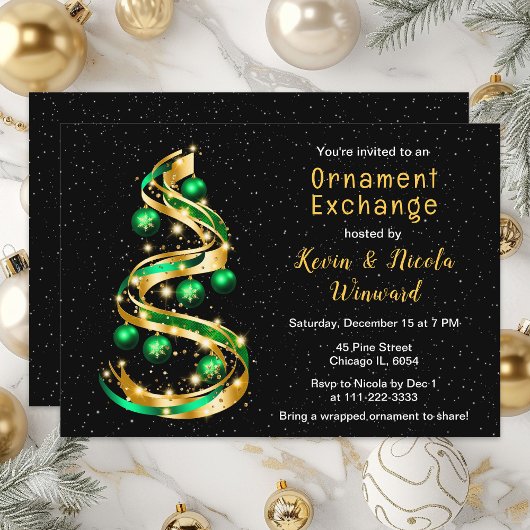 Invitation Échange d'ornements de Noël vert et or