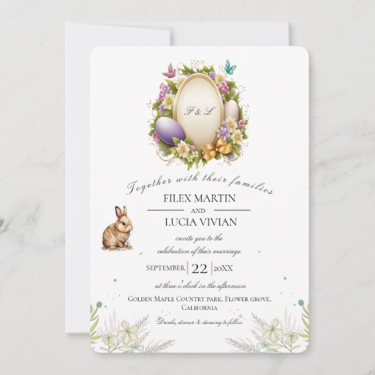 Invitation Échantillon de Pâques Mini lapin floral et Mariage (Devant)