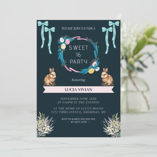 Invitation Échantillon Vert foncé Vibe de Pâques Douce 16 Ann (Debout devant)
