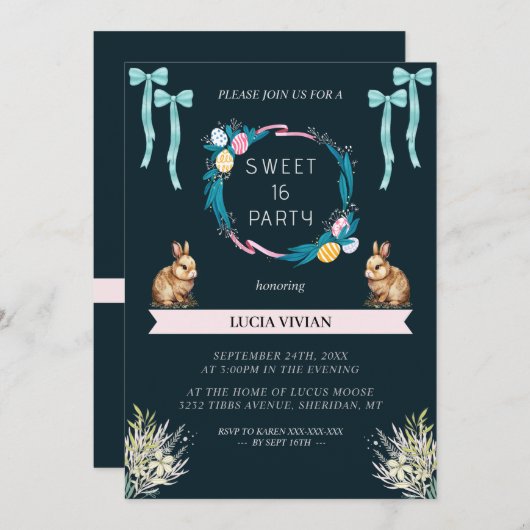 Invitation Échantillon Vert foncé Vibe de Pâques Douce 16 Ann (Devant / Derrière)