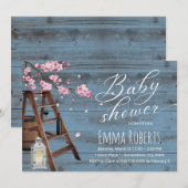 Invitation Échelle en bois rustique Baby shower rose floral p (Devant / Derrière)