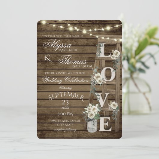 Invitation Échelle rustique et Roses blanches Aimer Mariage (Debout devant)