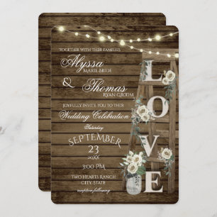Invitation Échelle rustique et Roses blanches Aimer Mariage