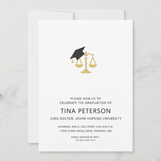 Invitation Échelles de justice avec Casquette Law School Grad (Devant)