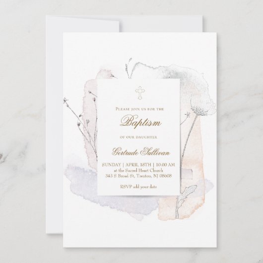 Invitation éclaboussures d'aquarelle et fleurs | Baptême (Devant)