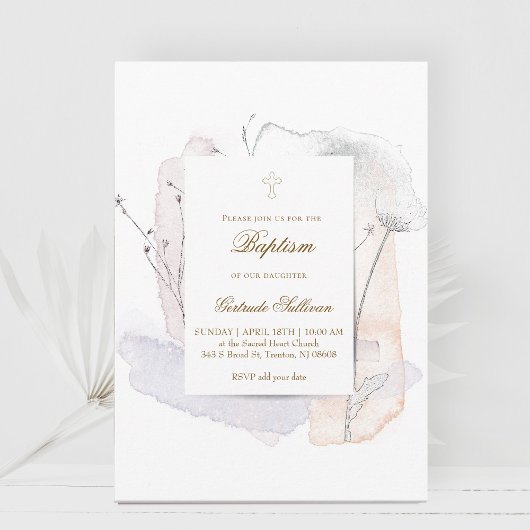 Invitation éclaboussures d'aquarelle et fleurs | Baptême