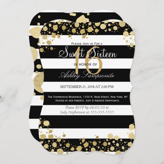 Invitation Éclaboussures et rayures modernes élégantes d'or (Devant / Derrière)