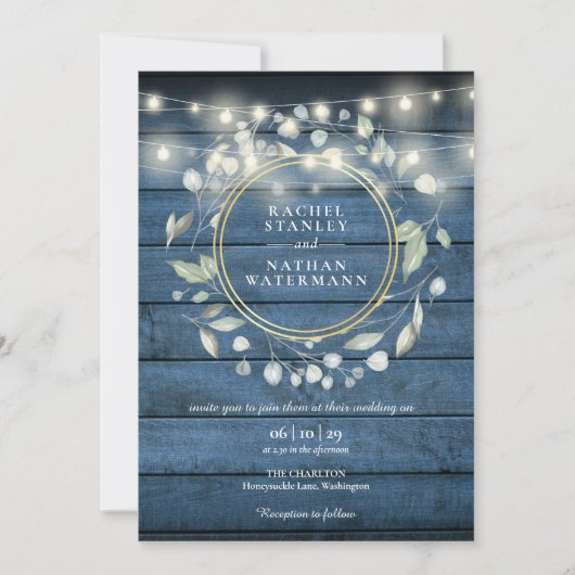 Invitation Éclairage à cordes Bleu Rustique Bois vert Mariage (Devant)