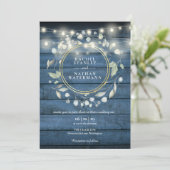 Invitation Éclairage à cordes Bleu Rustique Bois vert Mariage (Debout devant)