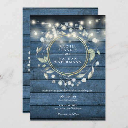 Invitation Éclairage à cordes Bleu Rustique Bois vert Mariage (Devant / Derrière)