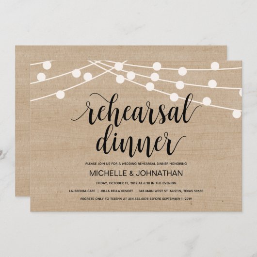 Invitation Éclairage à cordes Dîner de répétition mariage inv (Devant / Derrière)